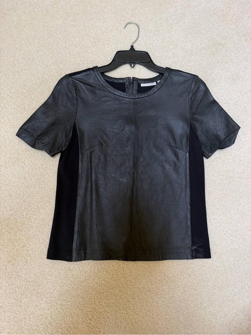 Short Sleeve Black Faux Leather Panel Blouse w 1/2 zip in back. halogen by Nords